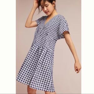 Anthropologie navy gingham v-neck asymmetrical swing dress in size small